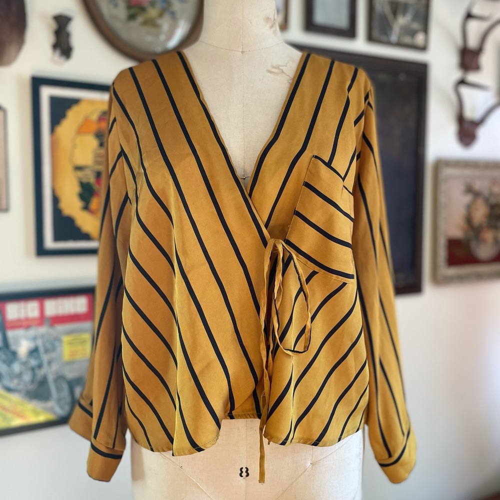 Topshop Gold Black Striped Oversized Silky Blouse Tie-Front Kimono Style